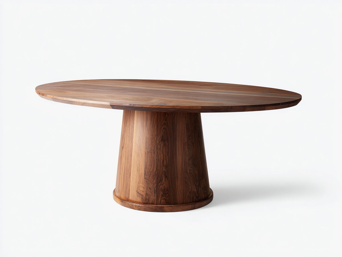 Tavolino Da Caffè ovale 120×75×45 cm - legno di noce marrone - piedistallo svasato centrale per Soggiorno