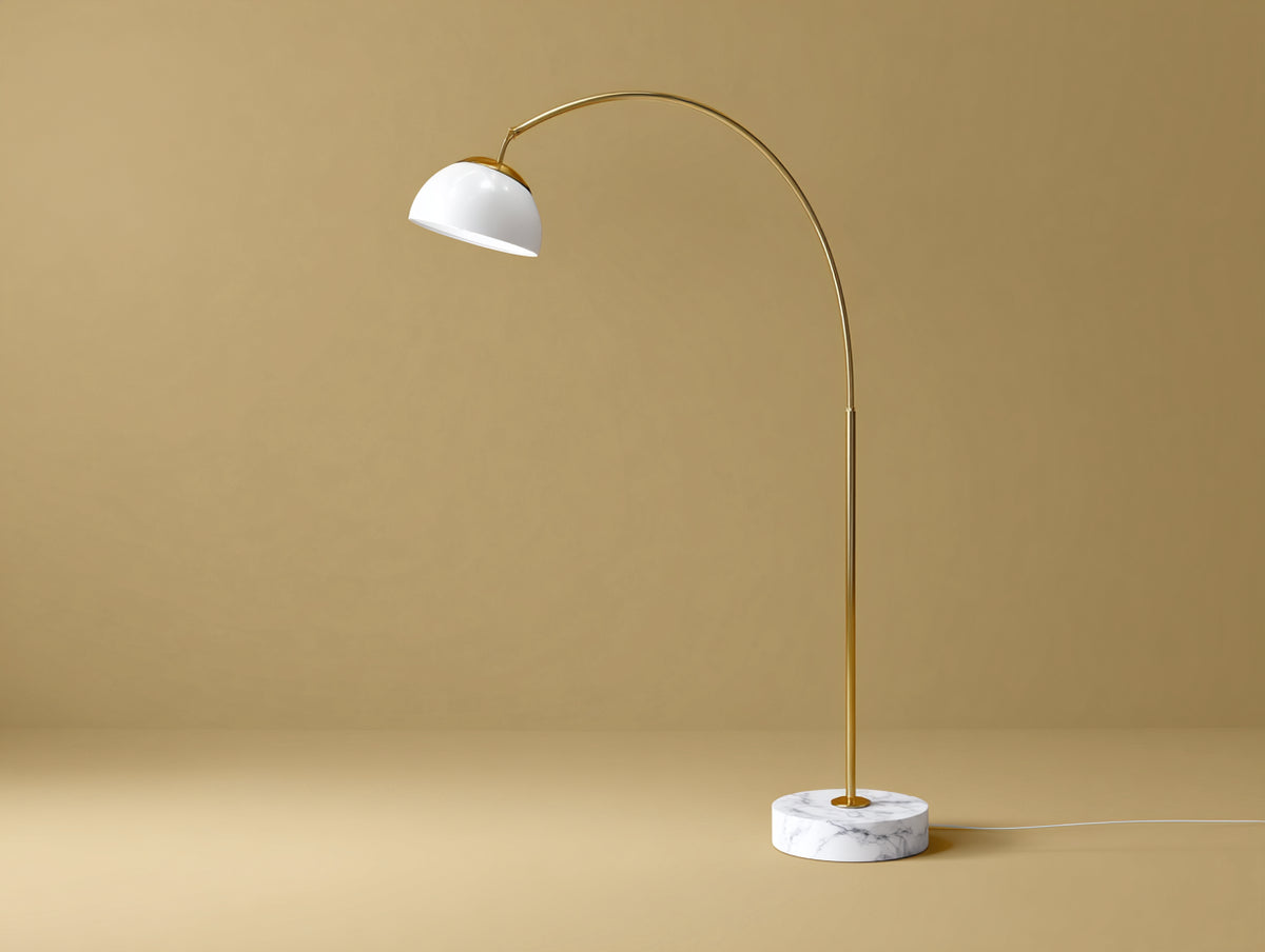 Lampada da terra ad arco 125×42×185 cm - metallo oro e paralume bianco con base bianca - luce laterale per camera da letto