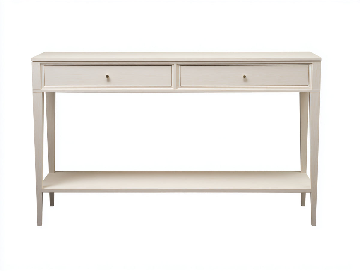 Console 115×38×87 cm - legno bianco avorio e pomelli ottone - due cassetti incorniciati con ripiano per Camera Da Letto