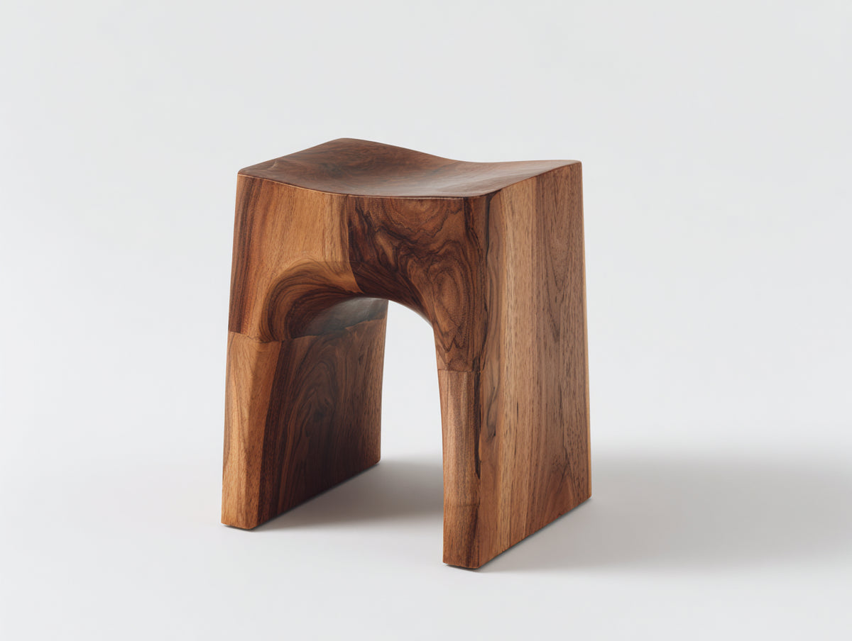 Pedale in legno massello 42×36×45 cm - noce naturale - sgabello scultoreo con apertura curva per camera da letto