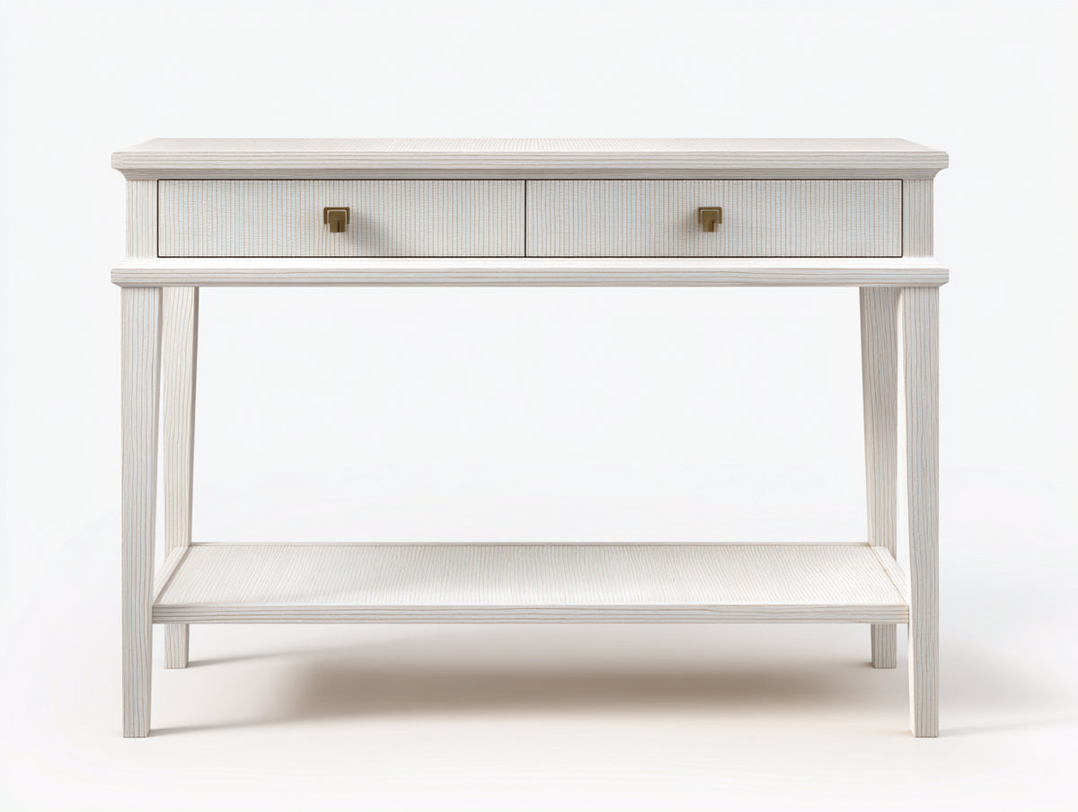 Console 110×38×85 cm - legno bianco decapato e pomelli ottone - due cassetti con ripiano per Camera Da Letto