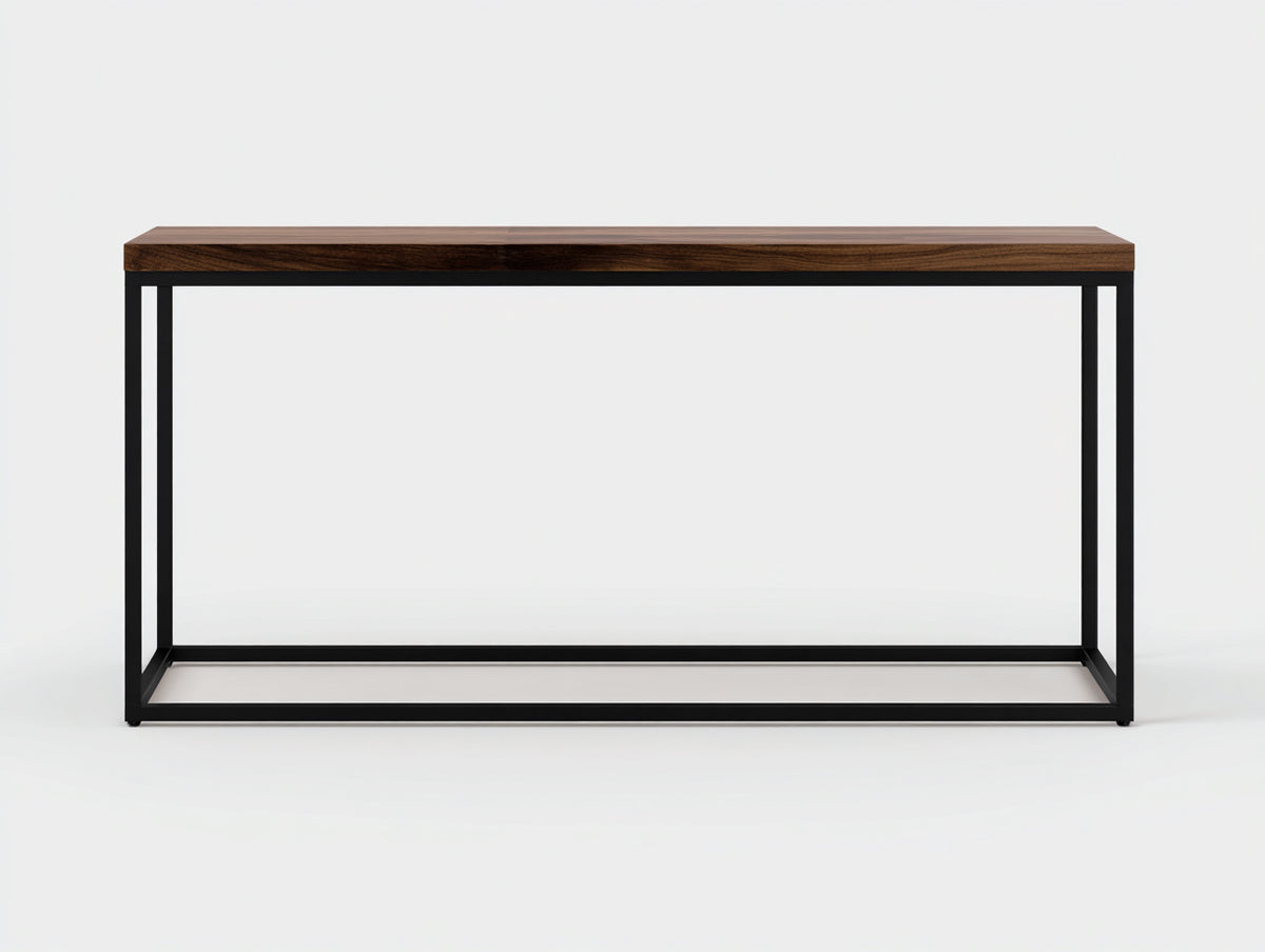 Console 150×35×80 cm - piano in noce marrone e telaio metallico nero - base rettangolare aperta per Camera Da Letto