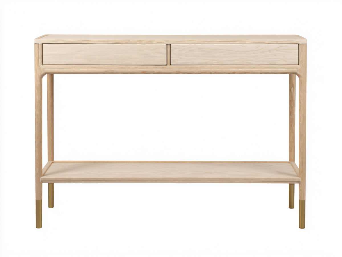 Console 115×38×86 cm - legno naturale chiaro e dettagli ottone - due cassetti senza maniglie con ripiano per Camera Da Letto